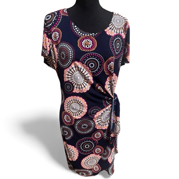 Robbie Bee Navy and Multicolor Textured Dress Faux Wrap Side Tie Size Large - Picture 9 of 9